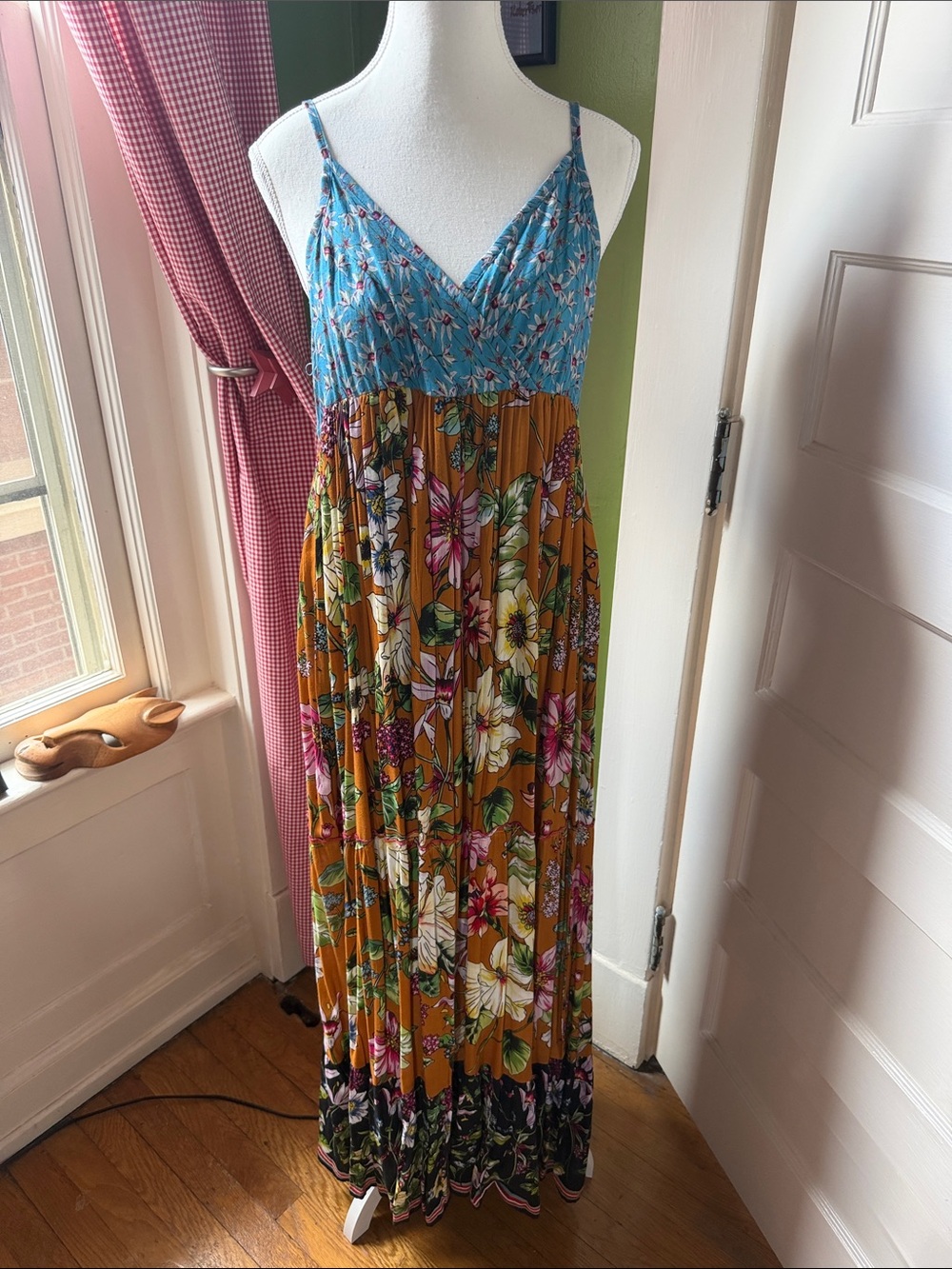 Floral Maxi Dress with Blue Bodice, Gold Skirt, and Black Bottom Flounce